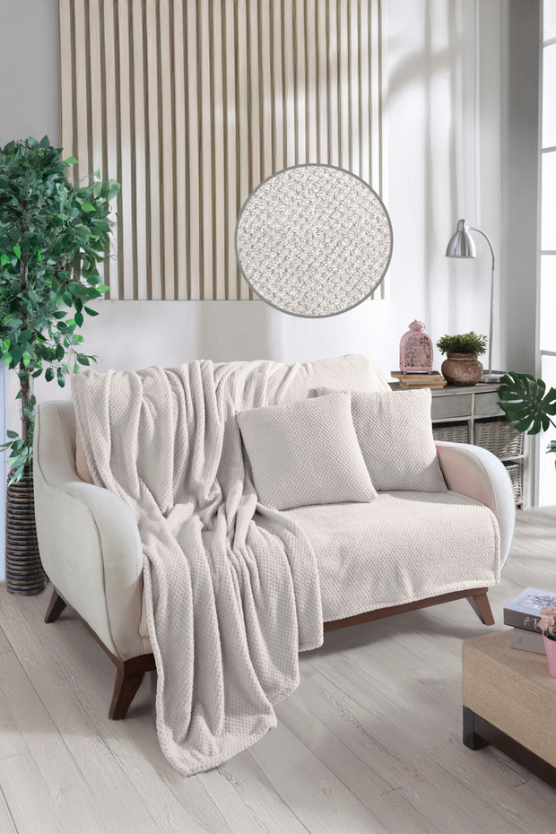 Welsoft Sofa Cover and Tv Blanket 180X200 2 Pieces 45X45 Throw Pillow Covers Ecru