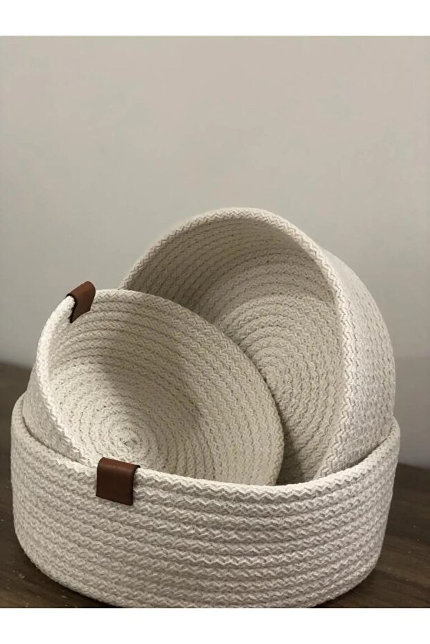 3-Piece Jute String Knitted Basket - Decorative and Straw Set, Cotton Thread Ecru - 4