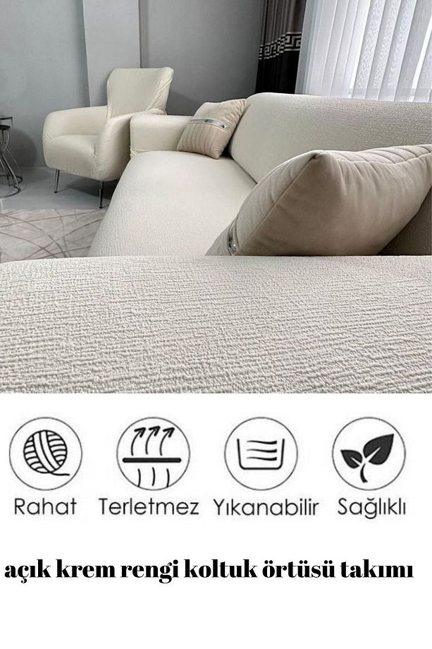 Jakarlı Düz Desen 3 3 1 1 Lastikli Koltuk Örtüsü Takımı Kanepe Çekyat Örtüsü Koltuk Kılıfı Krem - 1