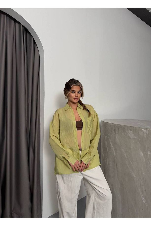 Transparan Oversize Çizgi Detaylı Yazlık Gömlek - 4