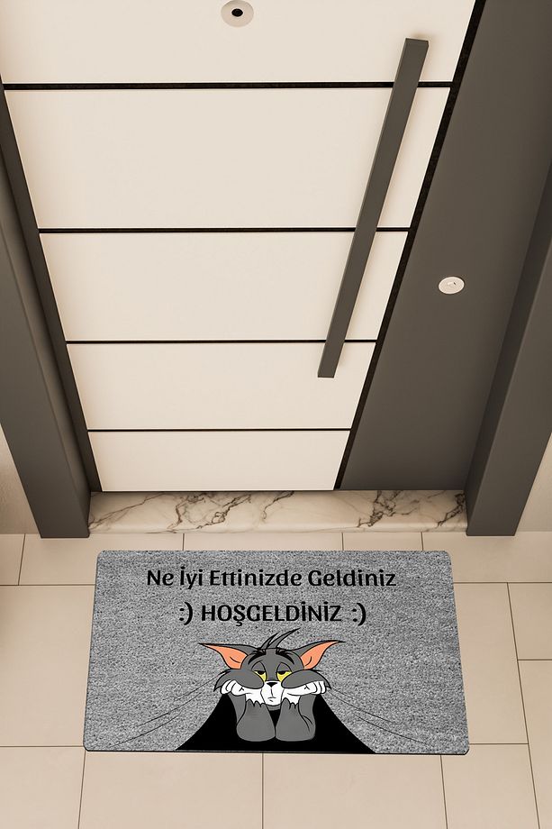 Yüksek Kaliteli Dijital Baskı Gri, Ne İyi Ettiniz Geldiniz temalı Kapı Önü Paspası - 1
