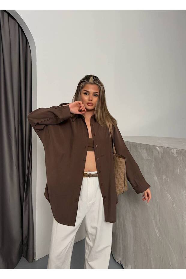 Modal Oversize Düşük Kol Uzun Kol Gömlek - 1