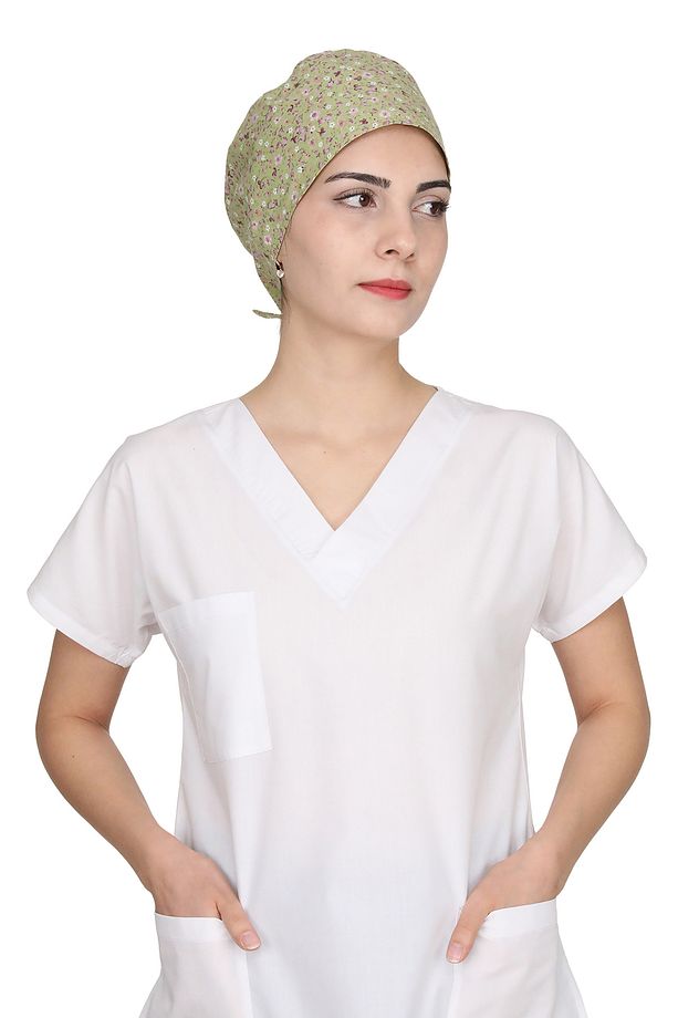 Yeşil Mini Çiçek Desenli Doktor Hemşire Aşçı Bonesi Unisex Cerrahi Bone - 3