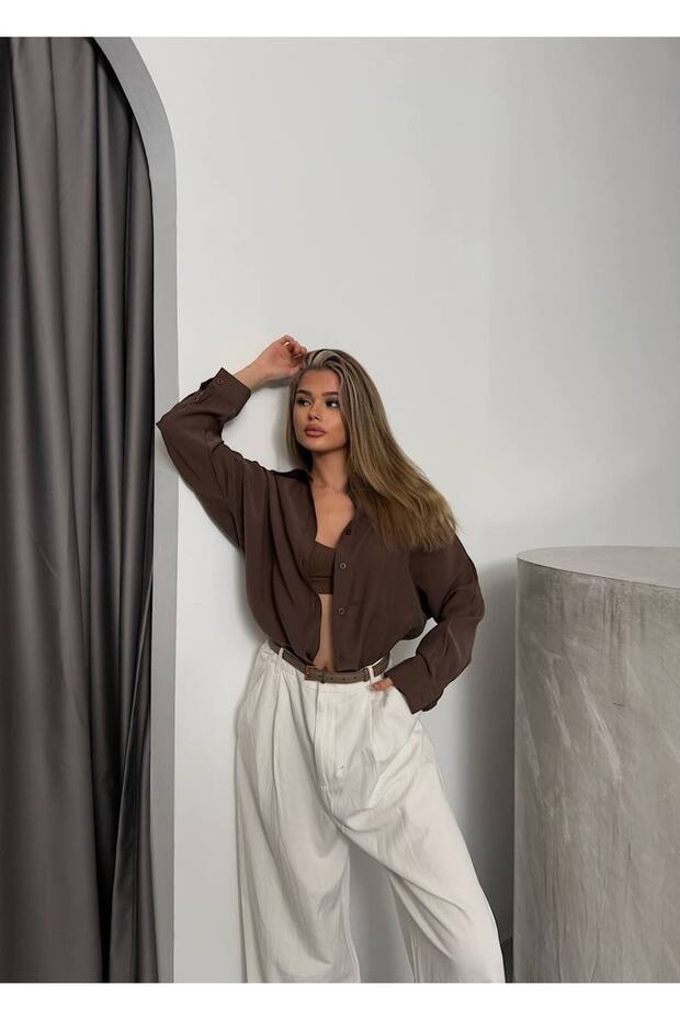 Modal Oversize Düşük Kol Uzun Kol Gömlek - 4