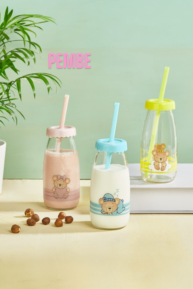 C-00521 Sleepy Bear Milk Bottle 250ml Glass Drink-Milk Bottle with Straw