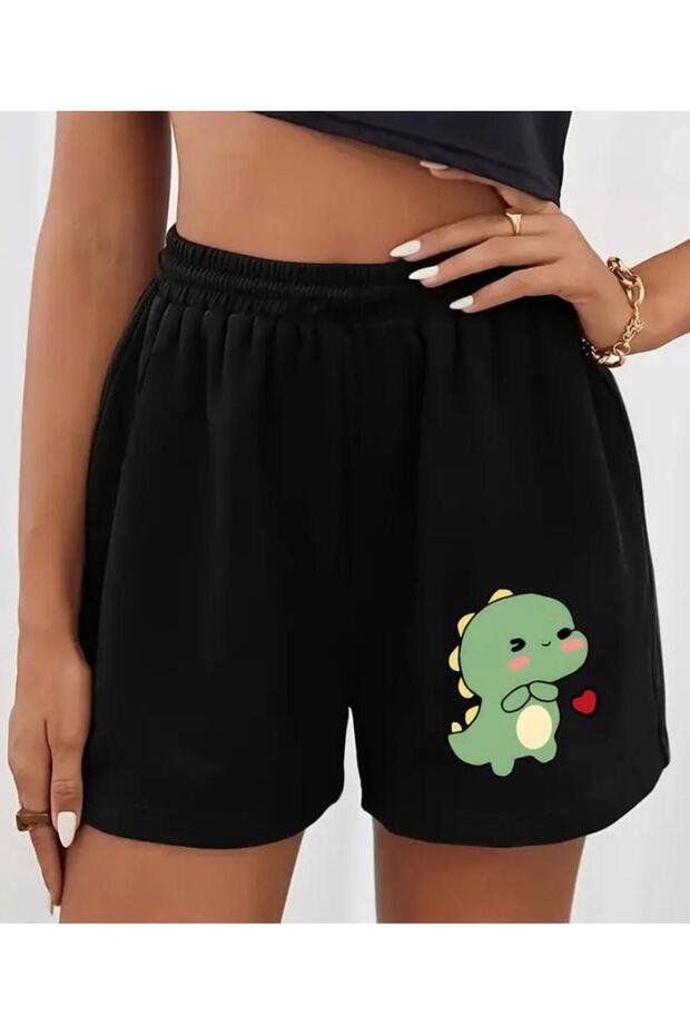 Women's Cute Dinosaur Printed Bermuda with Pockets Cord Comfortable Fit Black Shorts