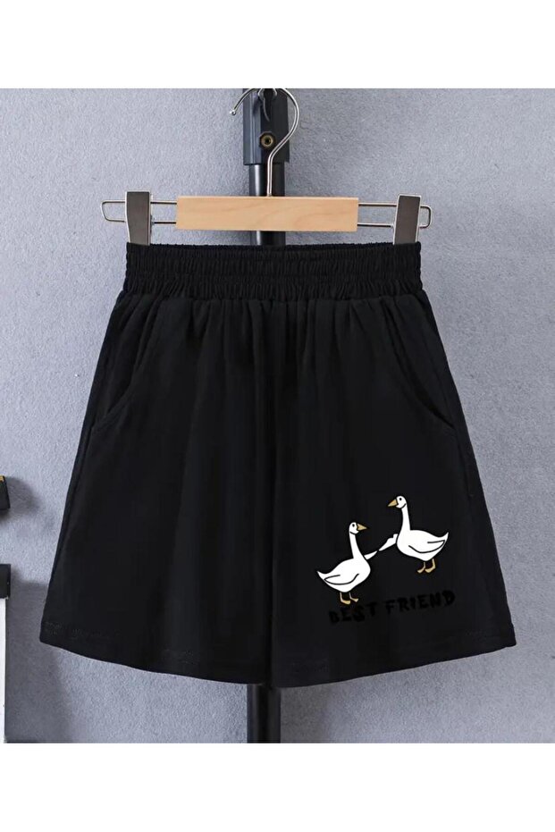 Unisex Duck Friends Printed Bermuda Pocket Corded Comfortable Fit Black Shorts