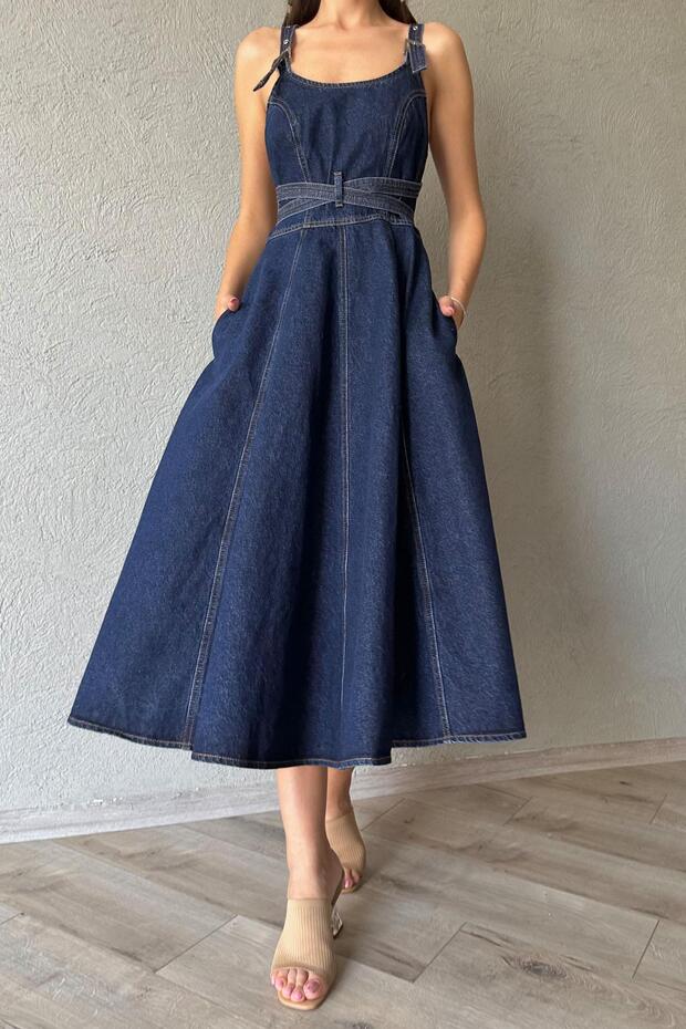 Rochie lungă din denim cu detaliu de legare - 5