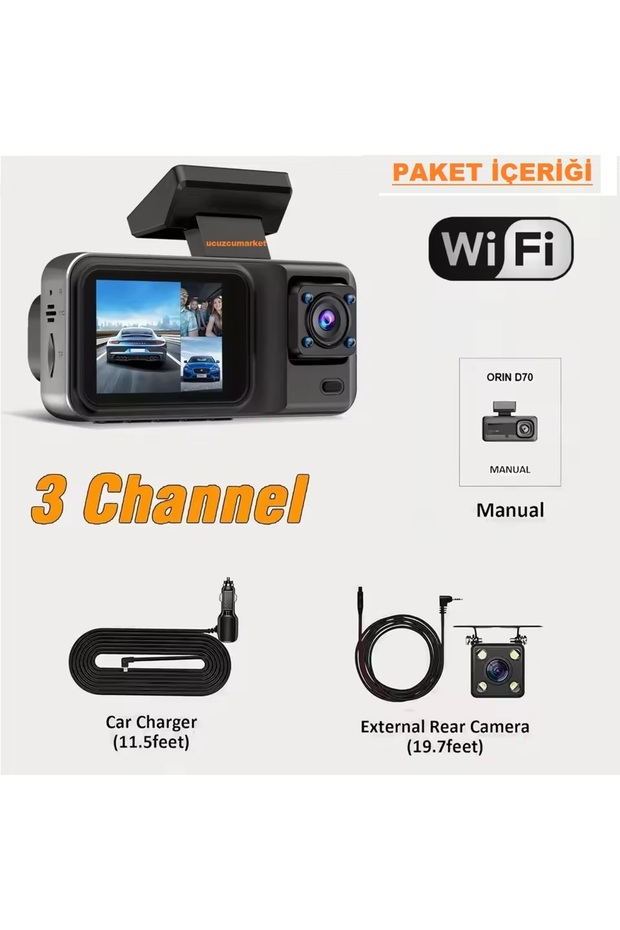 3 LENS'Lİ WİFİ ÖZELLİKLİ 2 İNÇ MİNİ ARAÇ İÇİ KAMERA - 4