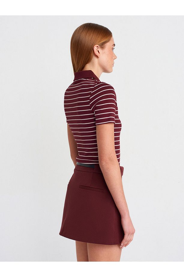 81056 Kemerli Şort Etek-Bordo - 2