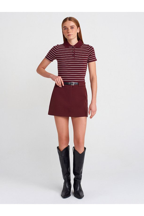 81056 Kemerli Şort Etek-Bordo - 1