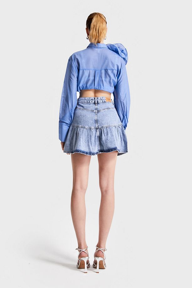 Kadın Snow Kot Rengi 3S5-4 Volanlı Süper Mini %100 Koton Denim Etek - 6