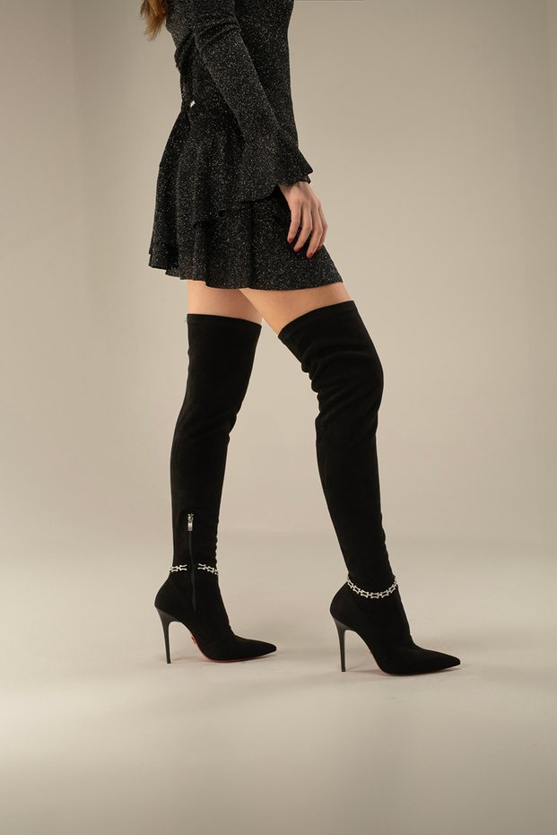 Vicy Above-Knee Stretch Chain Accessory Detailed Thin Heel 10 cm Black Suede Boots