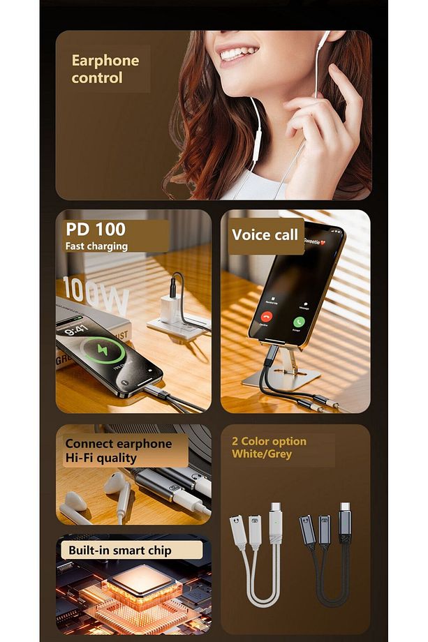 2in 1 100W Type C to Type C & Type C Hızlı Şarj Kulaklık Arama Dönüştürücü OTGTC - 3