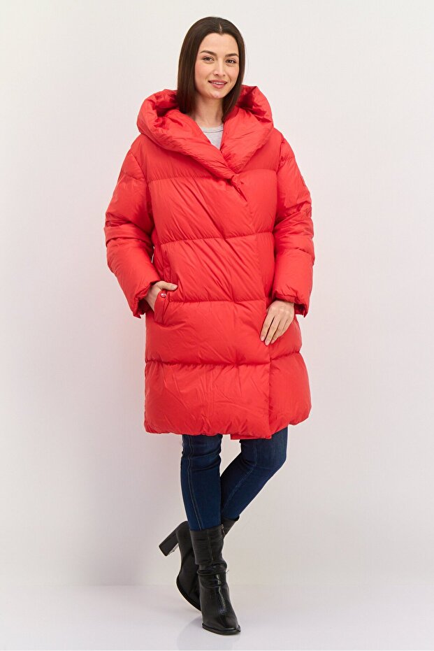 Women Solid Padded Down Parka Jacket, Red - 1