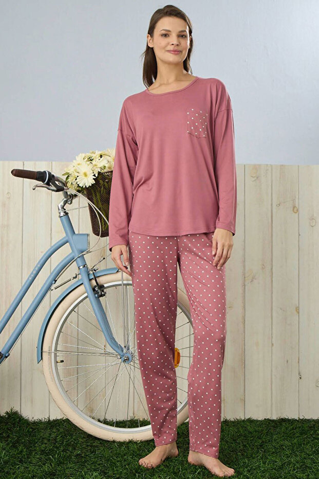 Kadın Pijama Takımı Alt Desenli Uzun Kollu - 4