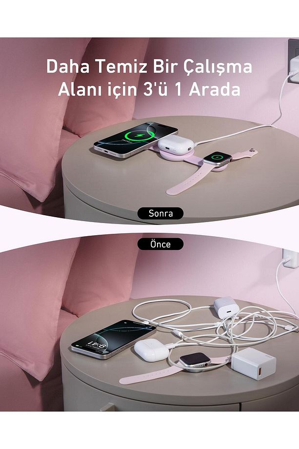 Maggo 3in1 Kablosuz Katlanır Şarj - Pembe - B25m8 - 7