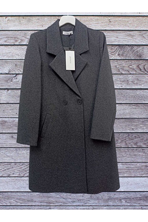 Women's Double-Breasted Collar Medium Length Cashmere Coat Anthracite 15197
