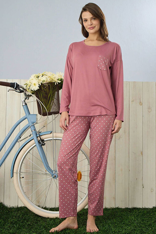 Kadın Pijama Takımı Alt Desenli Uzun Kollu - 1