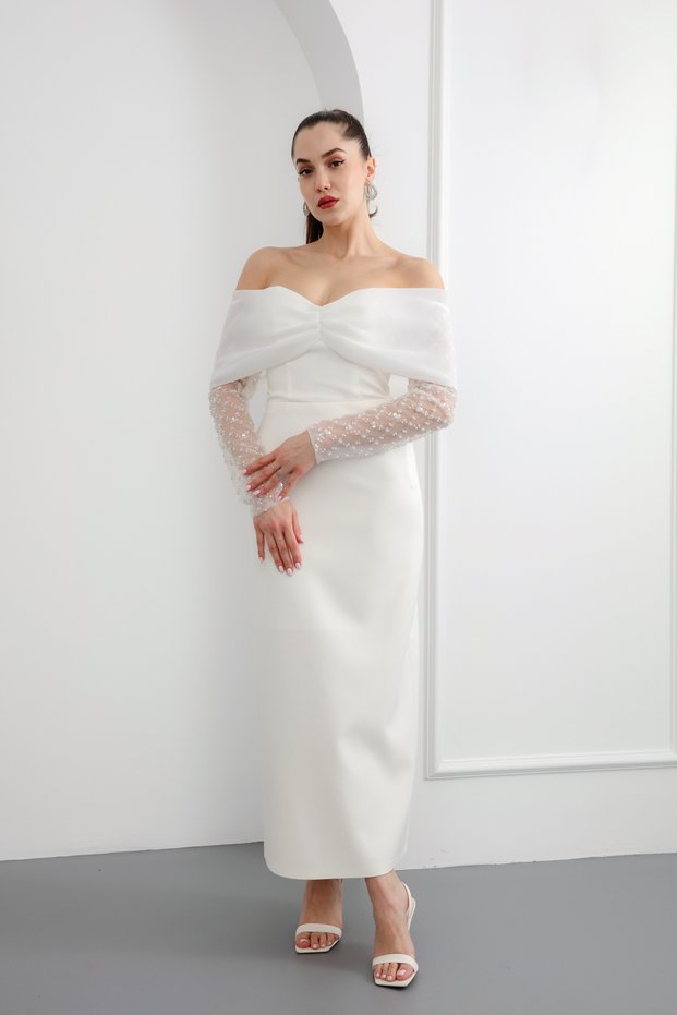 Women's White Slim Fit Bow-Detail Sleeve Formal Dress for Engagement, Promise, Wedding, Evening