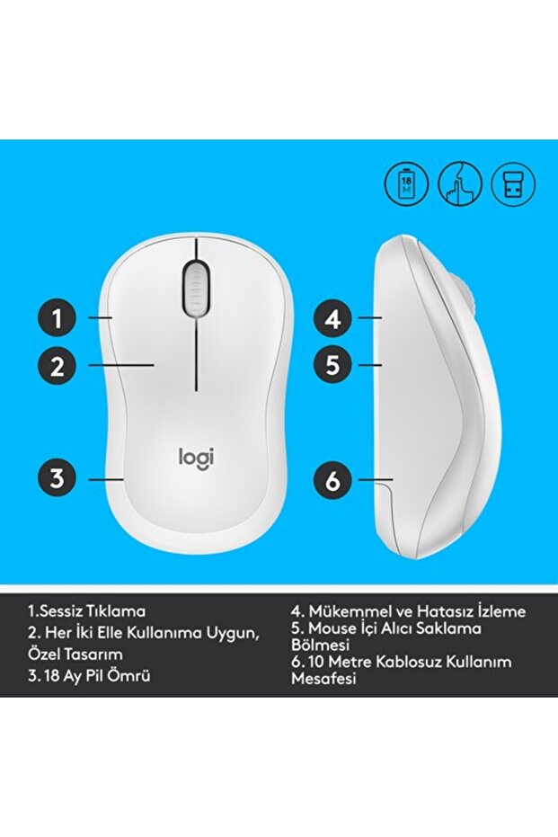 M221 Sessiz Kompakt Kablosuz Mouse Beyaz 910-006511 - 6