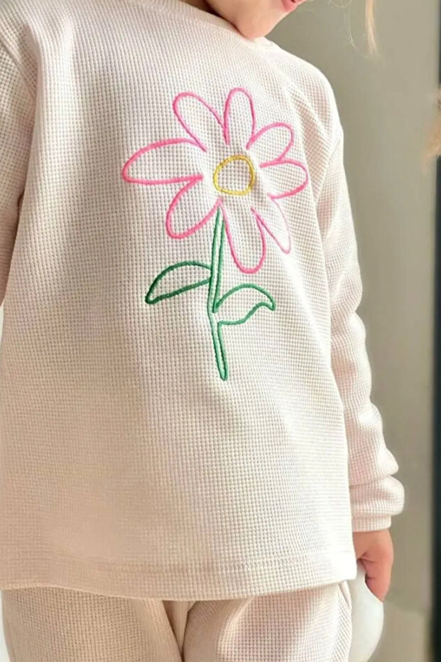 Girl's Seersucker Fabric Daisy Flower Embroidered Bottom Top Set