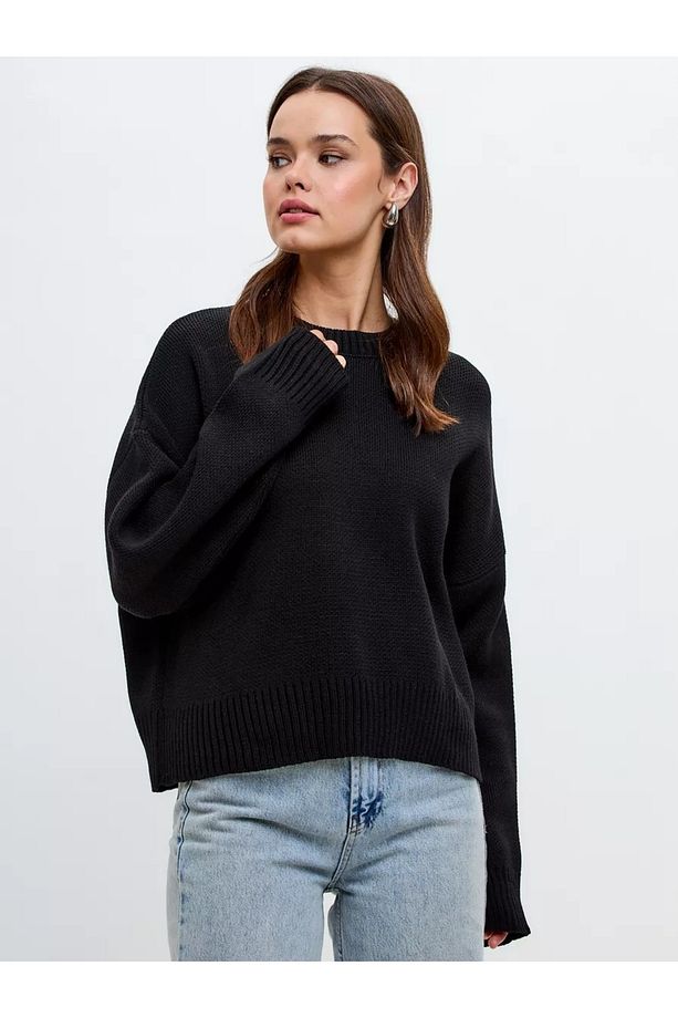 Siyah Bisiklet Yaka Oversize Triko Kazak - 2