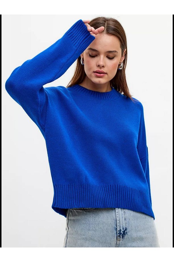 Saks Mavi Bisiklet Yaka Oversize Triko Kazak - 2