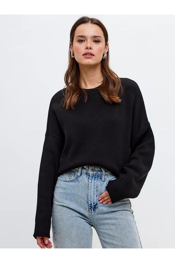 Siyah Bisiklet Yaka Oversize Triko Kazak - 4