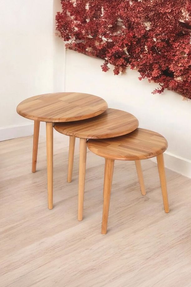 Yuvarlak Masif Doğal Tekli, 2'li, 3'lü Zigon Sehpa Set, Modern Masif Yan Sehpa - 1