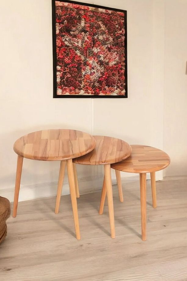 Yuvarlak Masif Doğal Tekli, 2'li, 3'lü Zigon Sehpa Set, Modern Masif Yan Sehpa - 3
