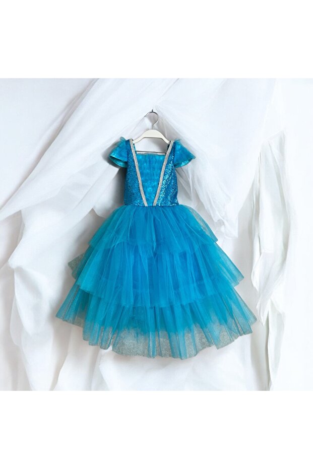 Mavi Pullu Uzun Elsa Elbise - 1