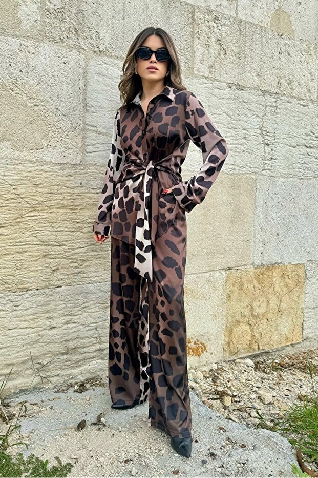 Leopard Patterned Satin Double Suit 1342 - Brown
