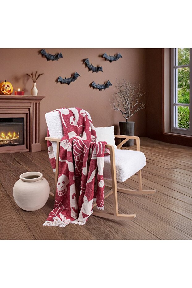 Halloween Desenli Dokuma Pamuklu Tek Kişilik Battaniye - Yatak Örtüsü - 2