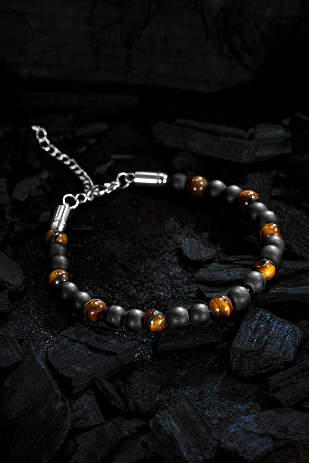 Men's Natural Stone Bracelet - Tiger Eye and Onyx Natural Stone Men's Bracelet