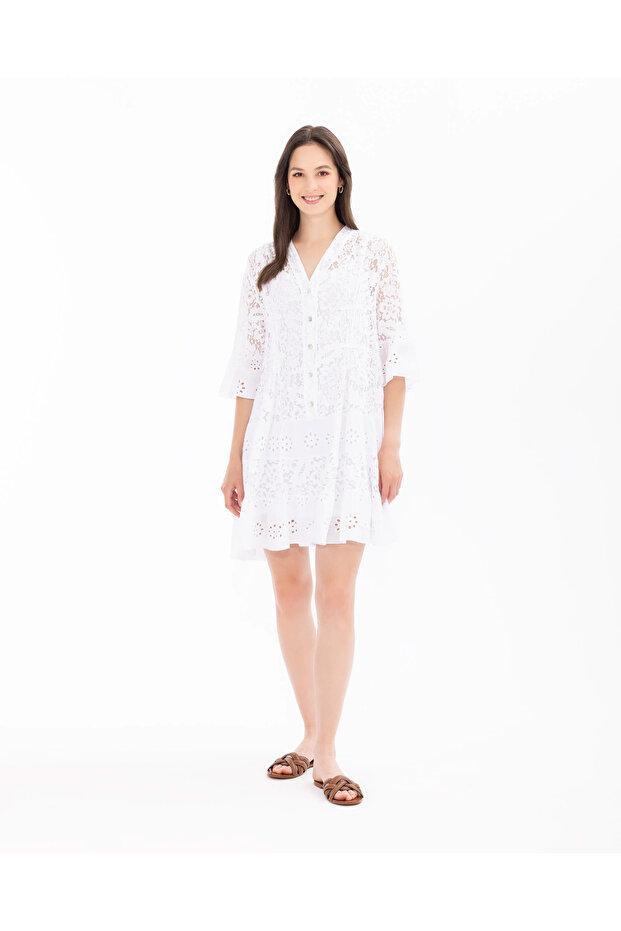 V Yaka Desenli Elbise - 1