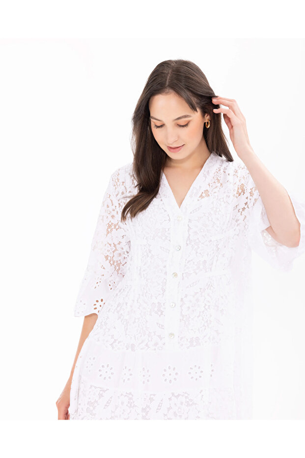 V Yaka Desenli Elbise - 4