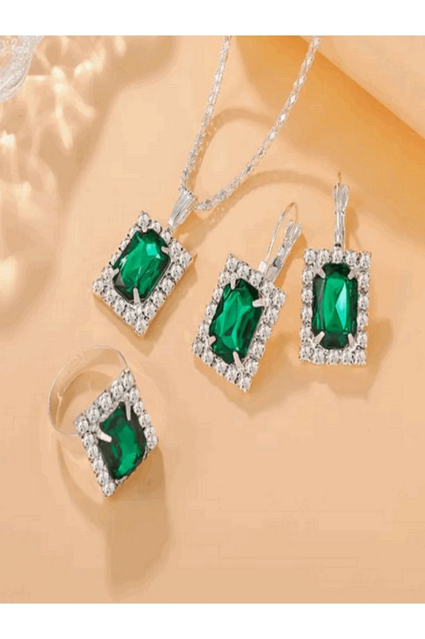 4'lü Gümüş Kaplama Kolye Küpe Yüzük Yeşil Taşlı Kare Set * Baget Model * - 3