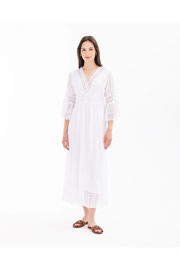 V Yaka Astarlı Elbise - 5