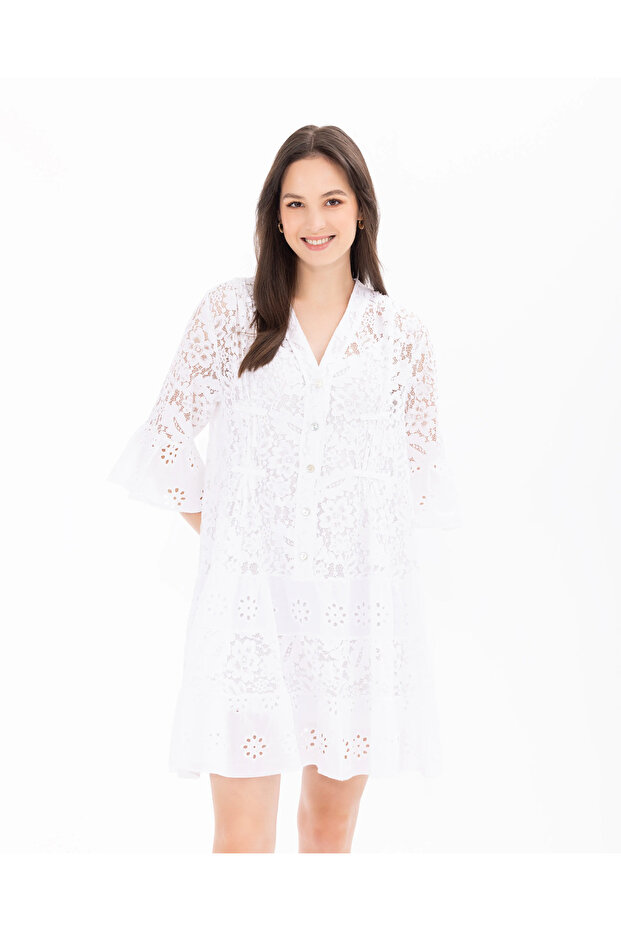 V Yaka Desenli Elbise - 2