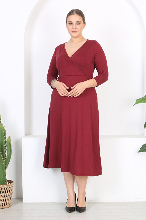 Women's Burgundy Long Sleeve Double Breasted Neckline Plus Size Maxi Dress