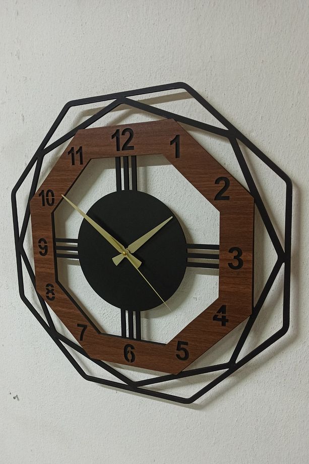 Ceviz Renkli 40 Cm Sekizgen Ahşap Duvar Saati | Modern Ve Dekoratif Duvar Saati Modeli - 4