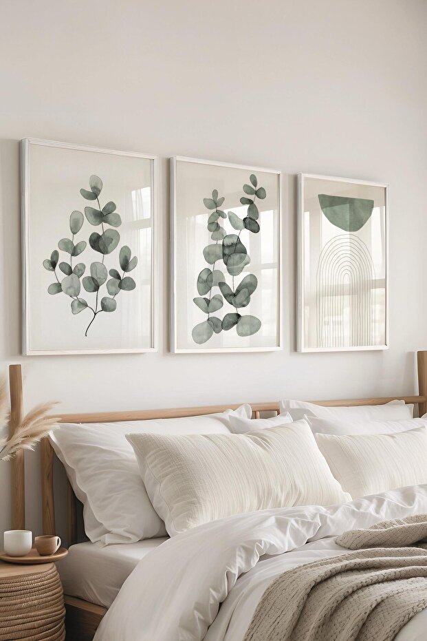 Beyaz Çerçeveli Tablo Seti, Yeşil Çiçek ve Boho Duvar Tablosu, 3 Adet Poster Seti, No:300747 - 1