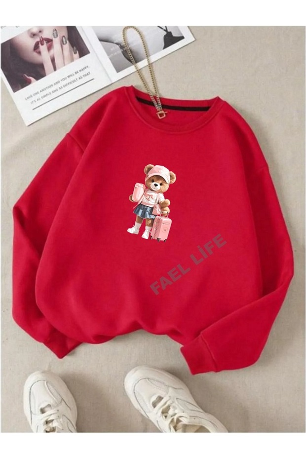 Women'S/Girls' O-Neck Sweatshirt Oversized with Bag Printed with Bear Design