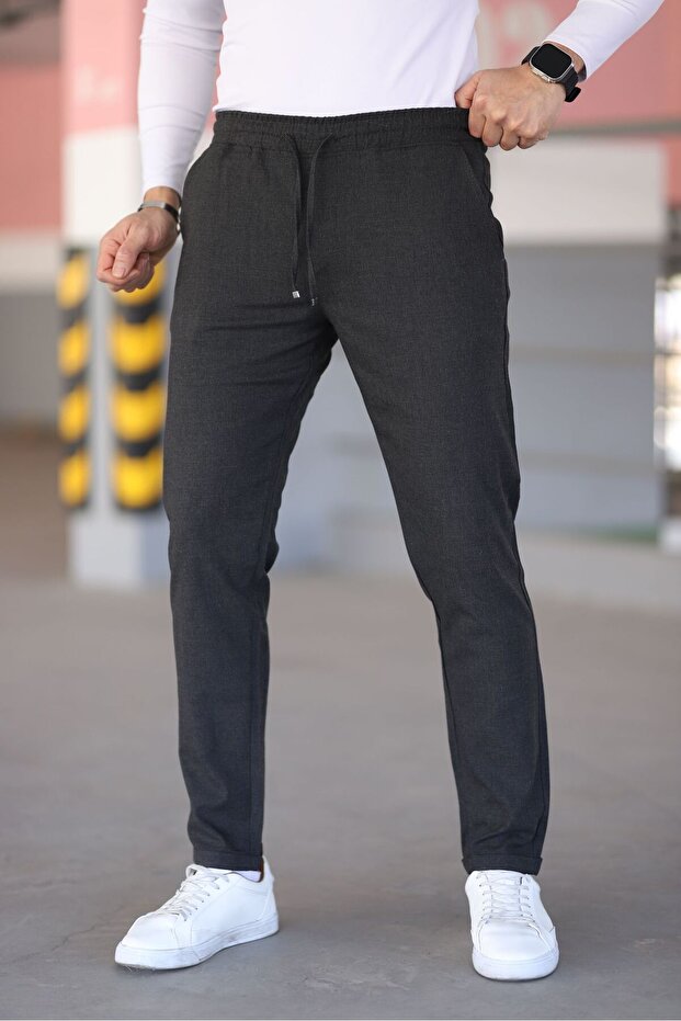 Men's Anthracite Color Elastic Waist Lace-Up Stretchy Fitted Jogger Pants Fabric Pants