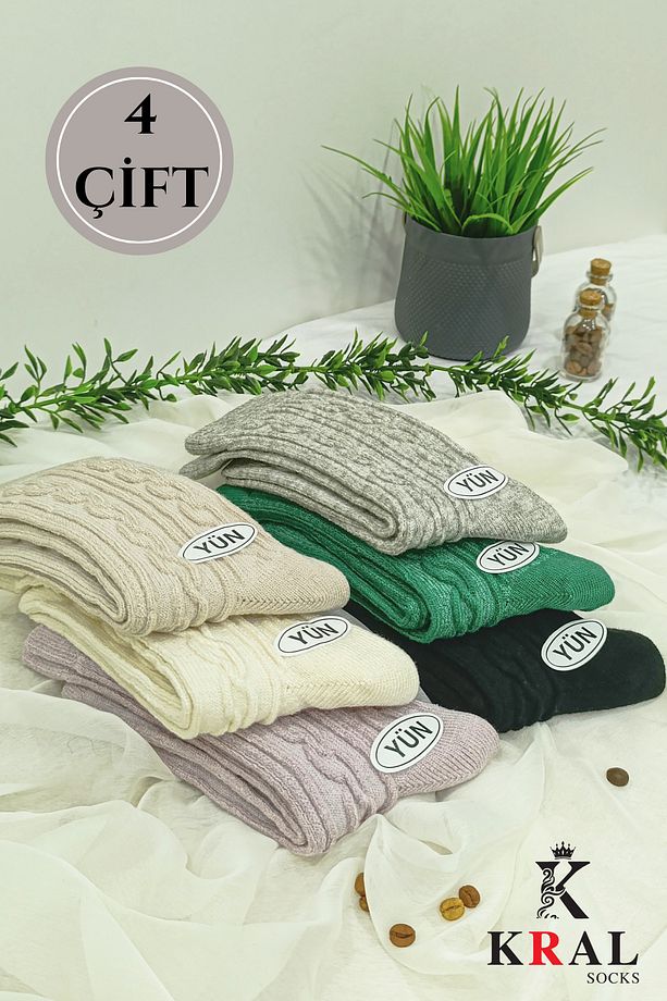 Kadın Yün Çorap (4 Çift) Kışlık  Termal Etkili Soft Yünlü Doku - 7