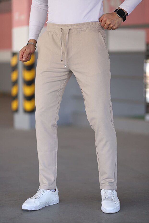 Erkek Krem Renk Beli Lastikli Bağcıklı Esnek Fitted Jogger Pantolon Kumaş Pantolon - 1