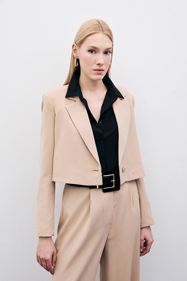 Kısa Krep Ceket - Bej - 2