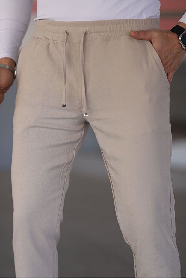Erkek Krem Renk Beli Lastikli Bağcıklı Esnek Fitted Jogger Pantolon Kumaş Pantolon - 4