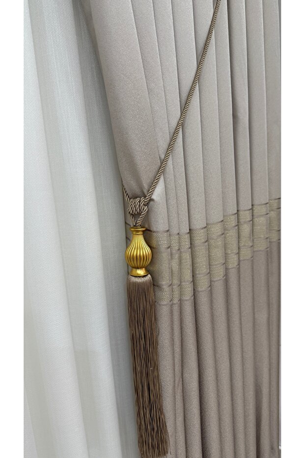 Pano Fon Perde Bej Kahve Gold Şeritli (Tek Kanat) - 6
